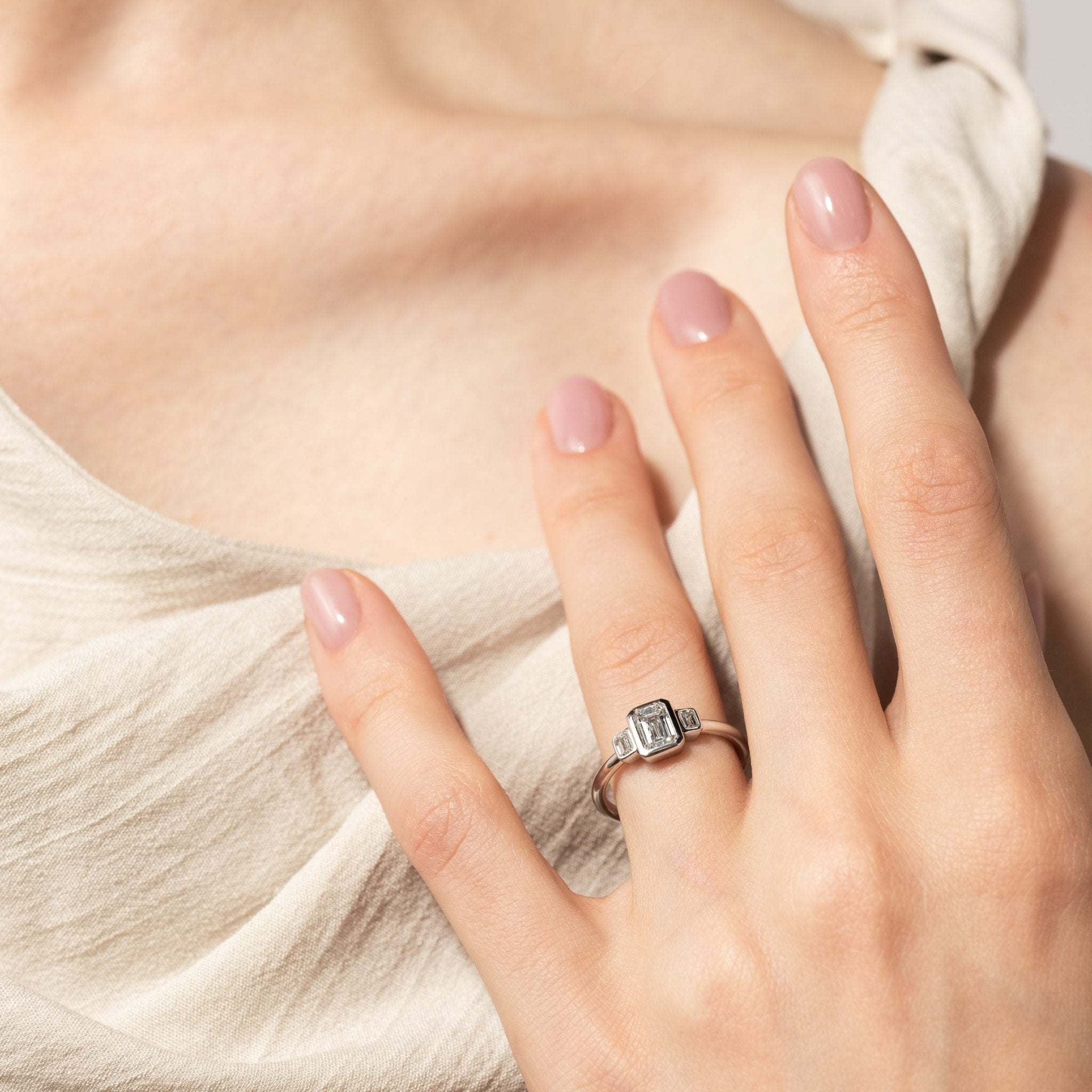Emerald Cut Trio Ring in White Gold - Malleable