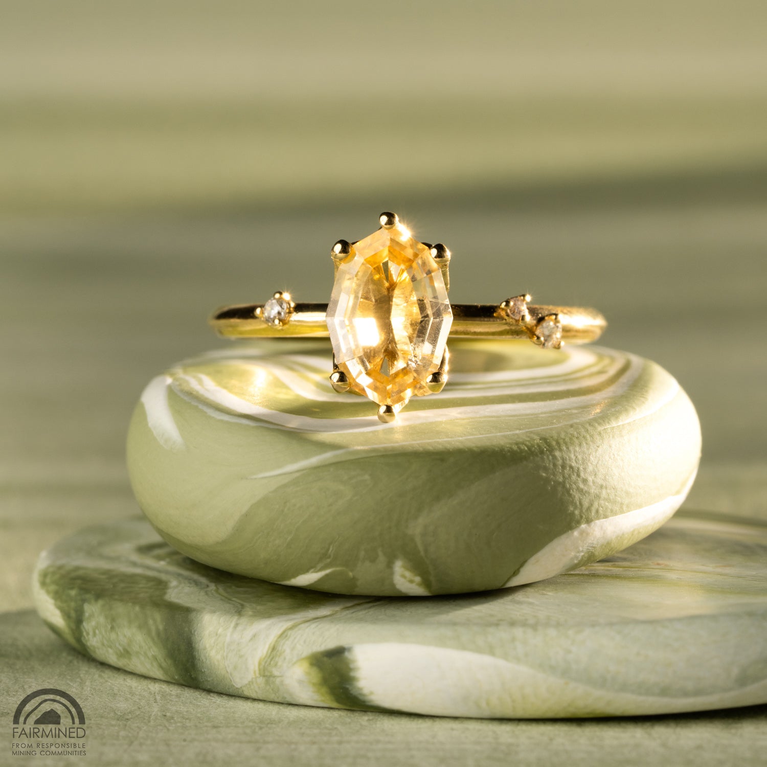 Sunrise Ring in Fairmined Yellow Gold with Portrait Cut Yellow Oval Natural Sapphire and Natural Recycled Colourless Diamonds