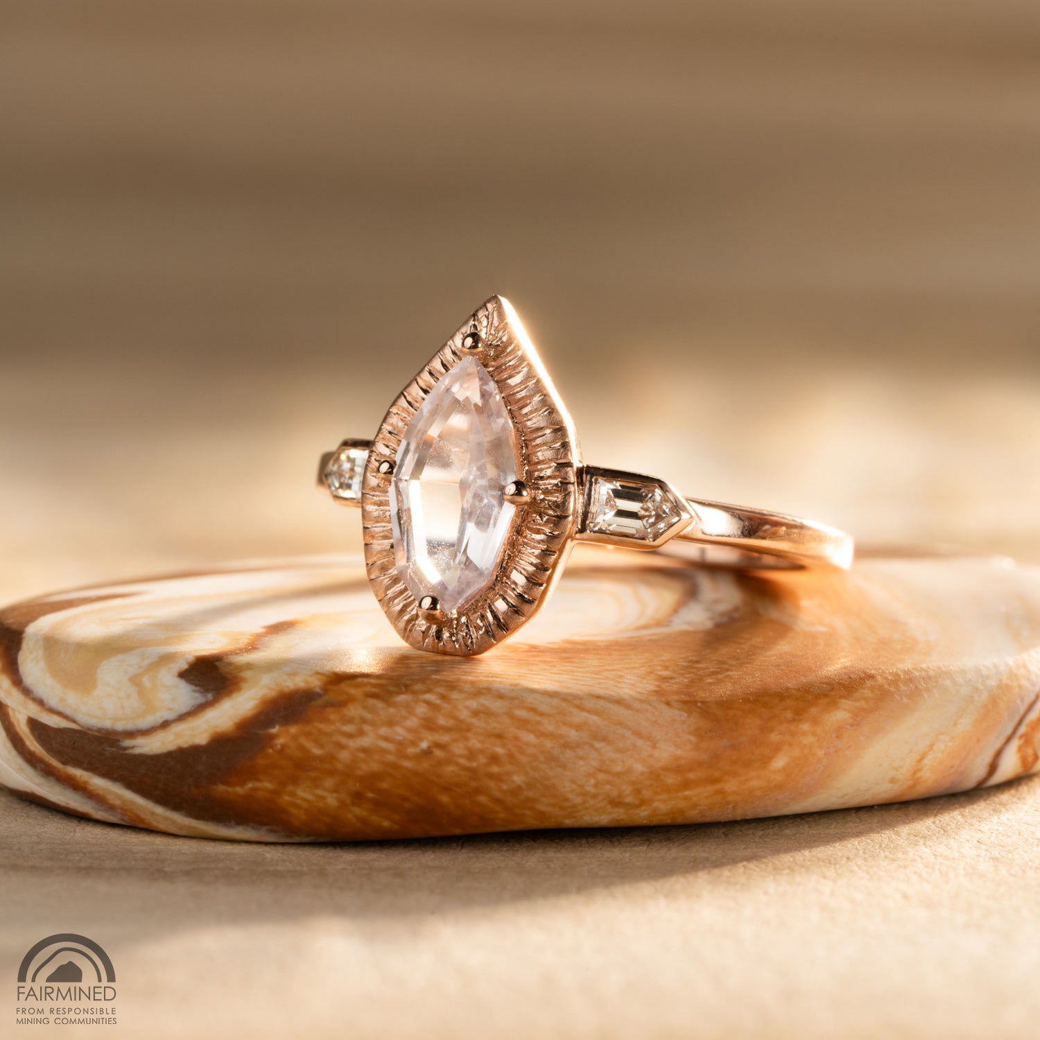 Sunbeam Ring rose gold ring with a pink marquise cut natural sapphire and natural kite shaped recycled natural diamonds