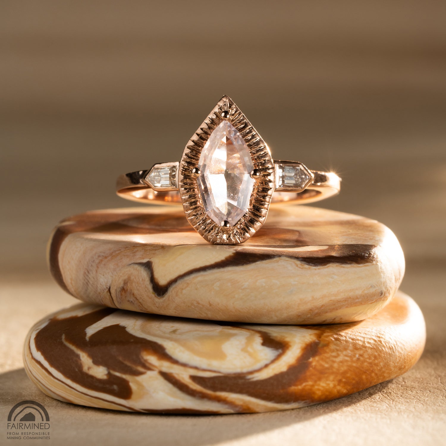 Sunbeam Ring rose gold ring with a pink marquise cut natural sapphire and natural kite shaped recycled natural diamonds