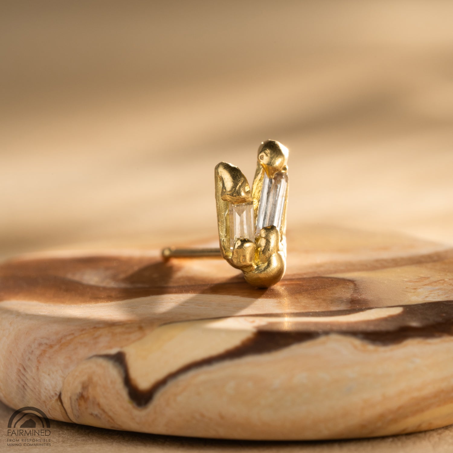 Stalagmite Stud in Fairmined Yellow Gold with Natural Recycled Tapered Baguette Cut Colourless Diamonds