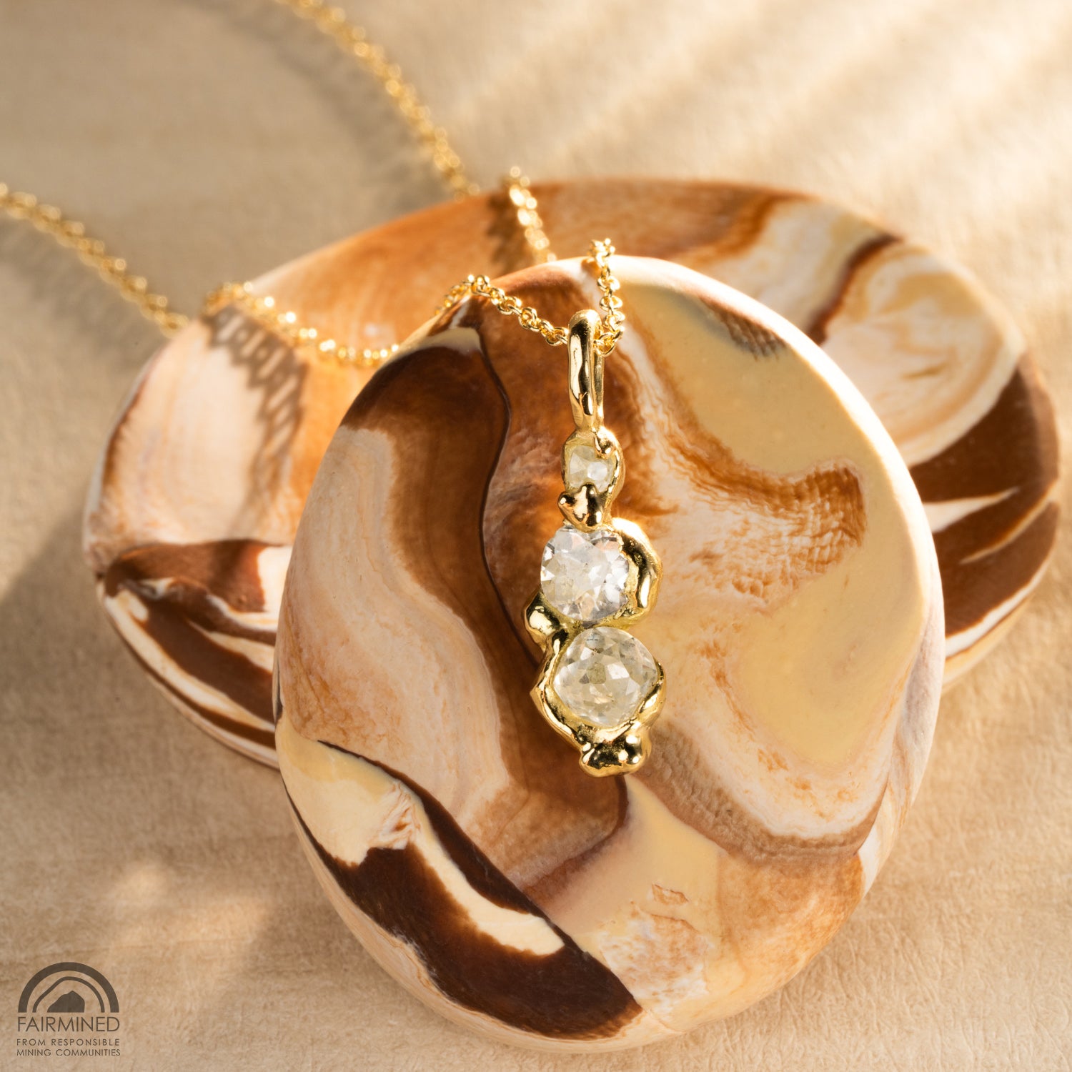 Golden Cascade Necklace in 18 karat Fairmined yellow gold and antique recycled old mine diamonds