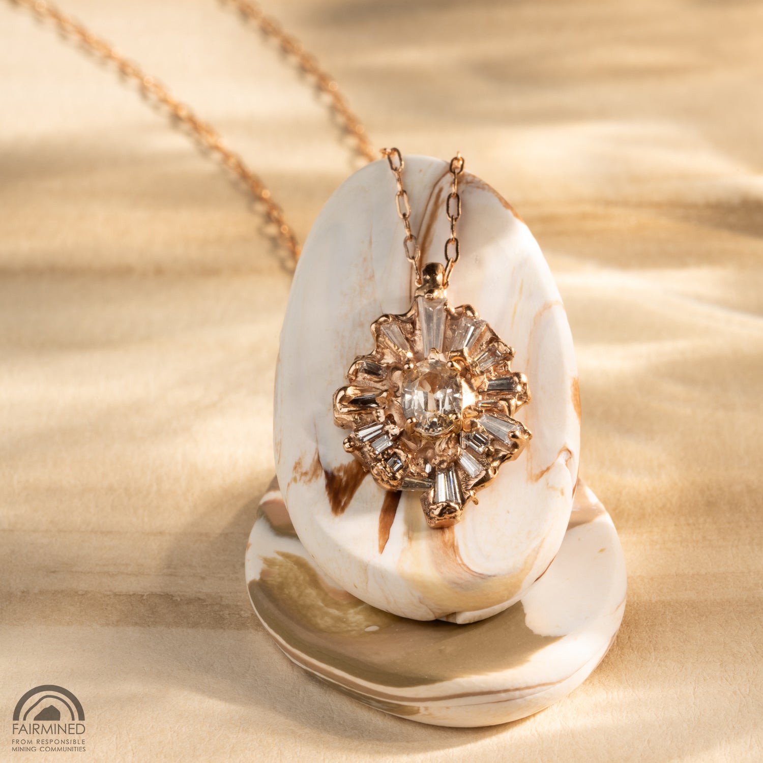 Celestial Radiance Necklace in Fairmined Rose Gold with Natural Recycled Tapered Baguette Cut Colourless Diamonds and a Natural Recycled Colour Changing Sapphire from peach to yellow