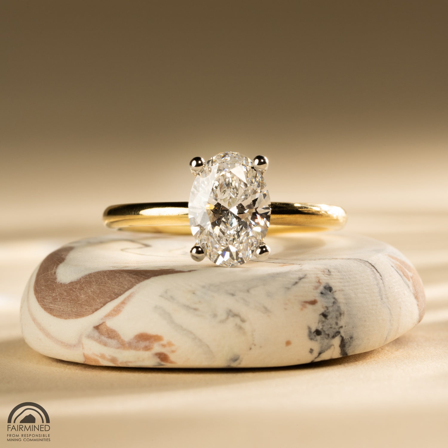 An oval cut diamond in a white gold prong setting, on a yellow gold band.