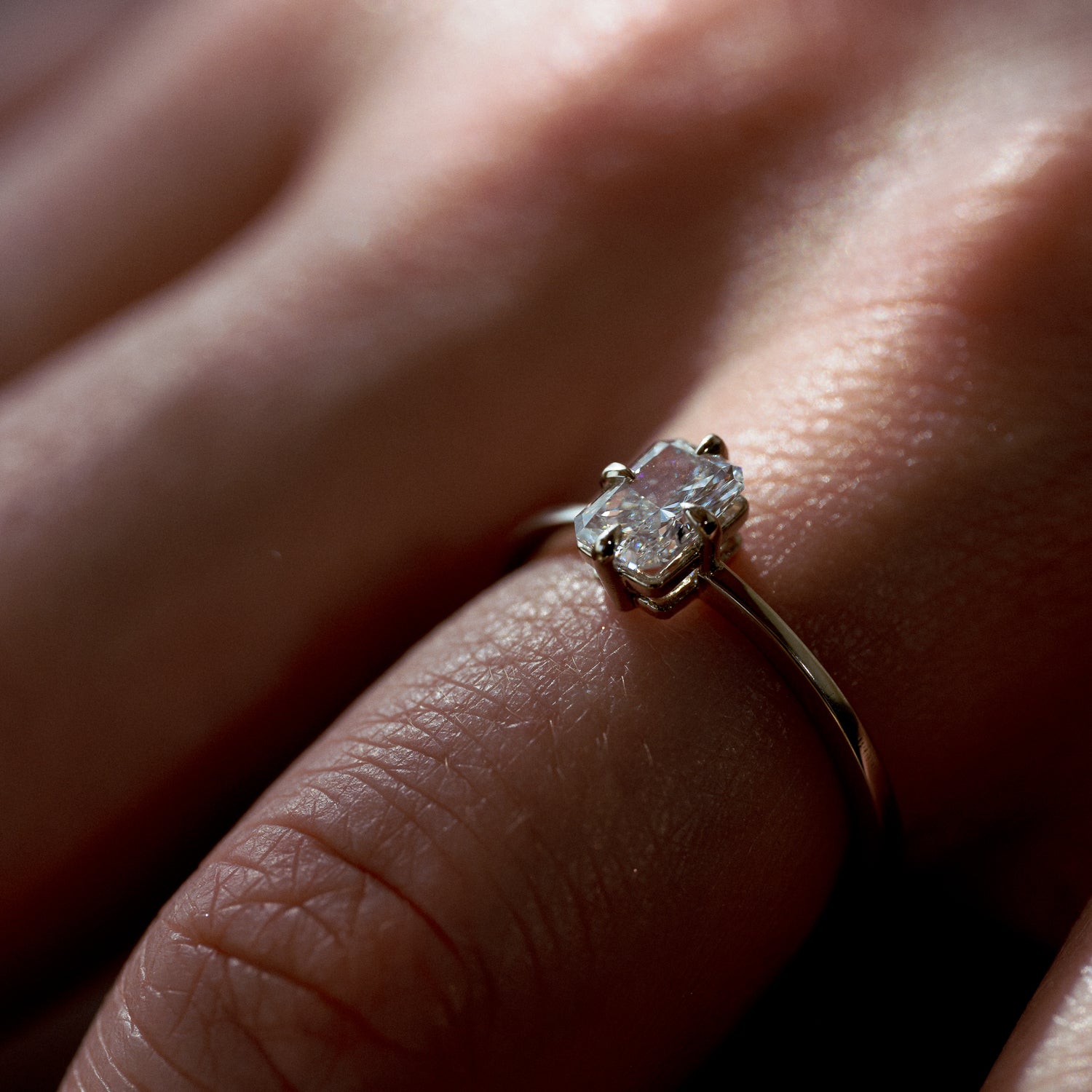 Radiant Diamond Solitaire in Fairmined White Gold Colourless Radiant Lab Grown Diamond in Compass Setting