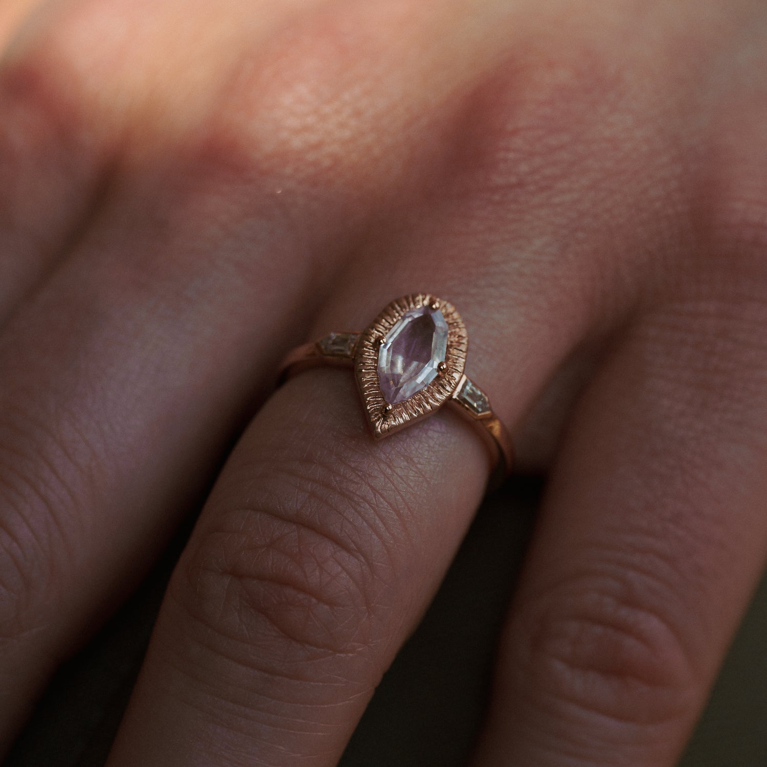 Sunbeam Ring rose gold ring with a pink marquise cut natural sapphire and natural kite shaped recycled natural diamonds