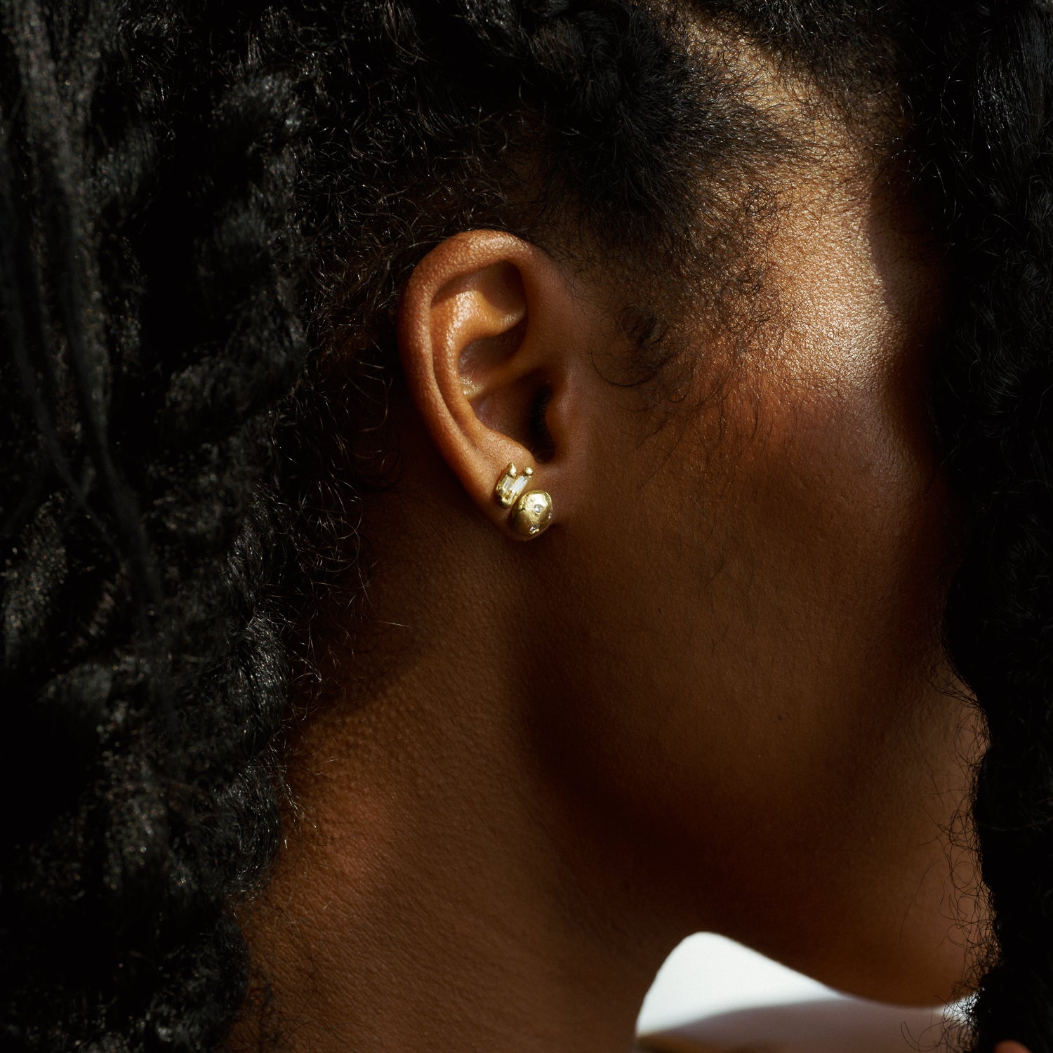 Stalagmite Stud in Fairmined Yellow Gold with Natural Recycled Tapered Baguette Cut Colourless Diamonds