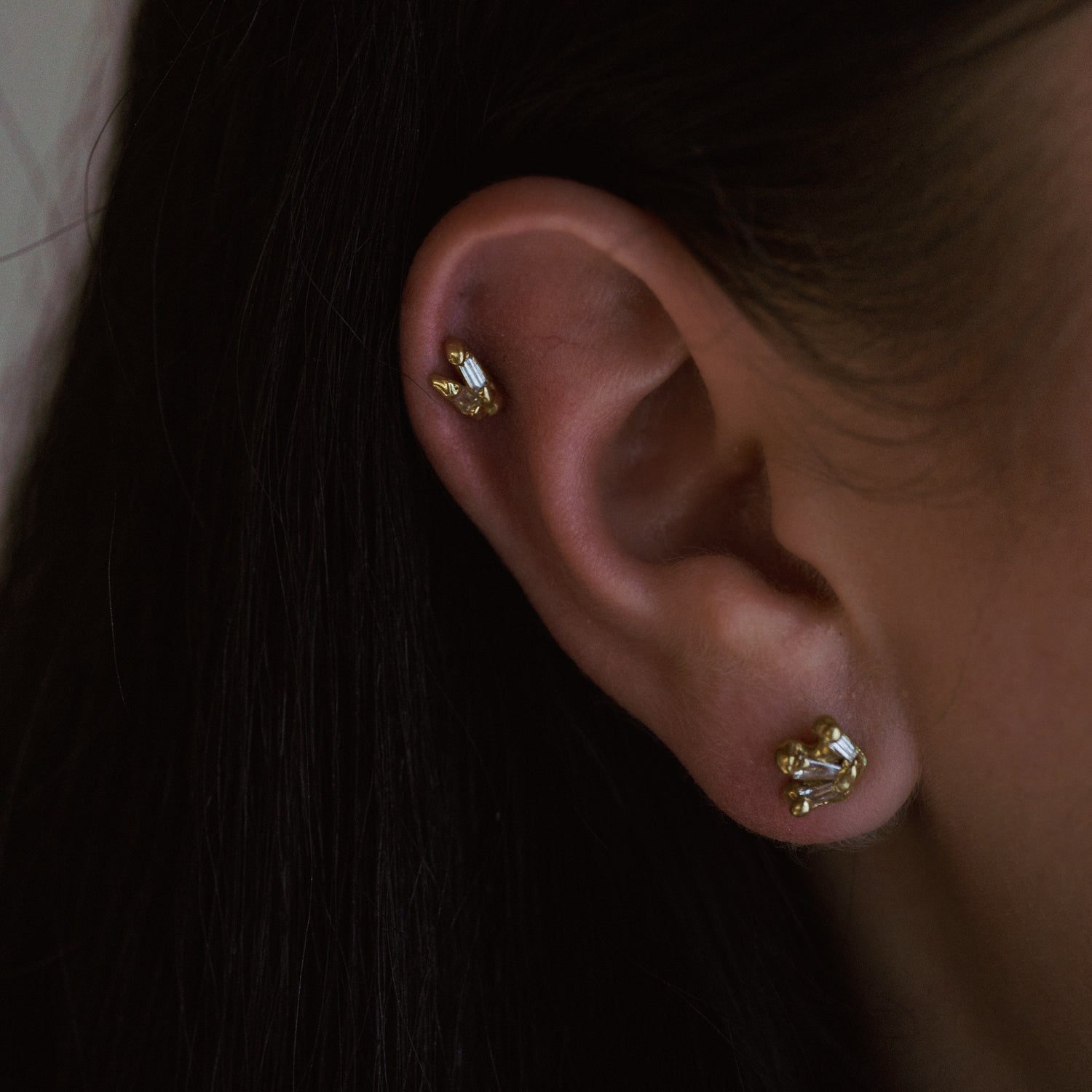 Stalagmite Stud in Fairmined Yellow Gold with Natural Recycled Tapered Baguette Cut Colourless Diamonds