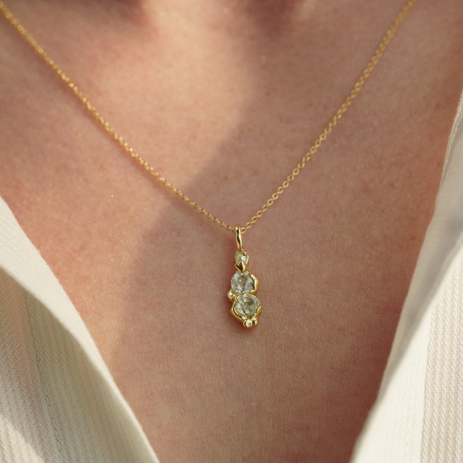 Golden Cascade Necklace in 18 karat Fairmined yellow gold and antique recycled old mine diamonds