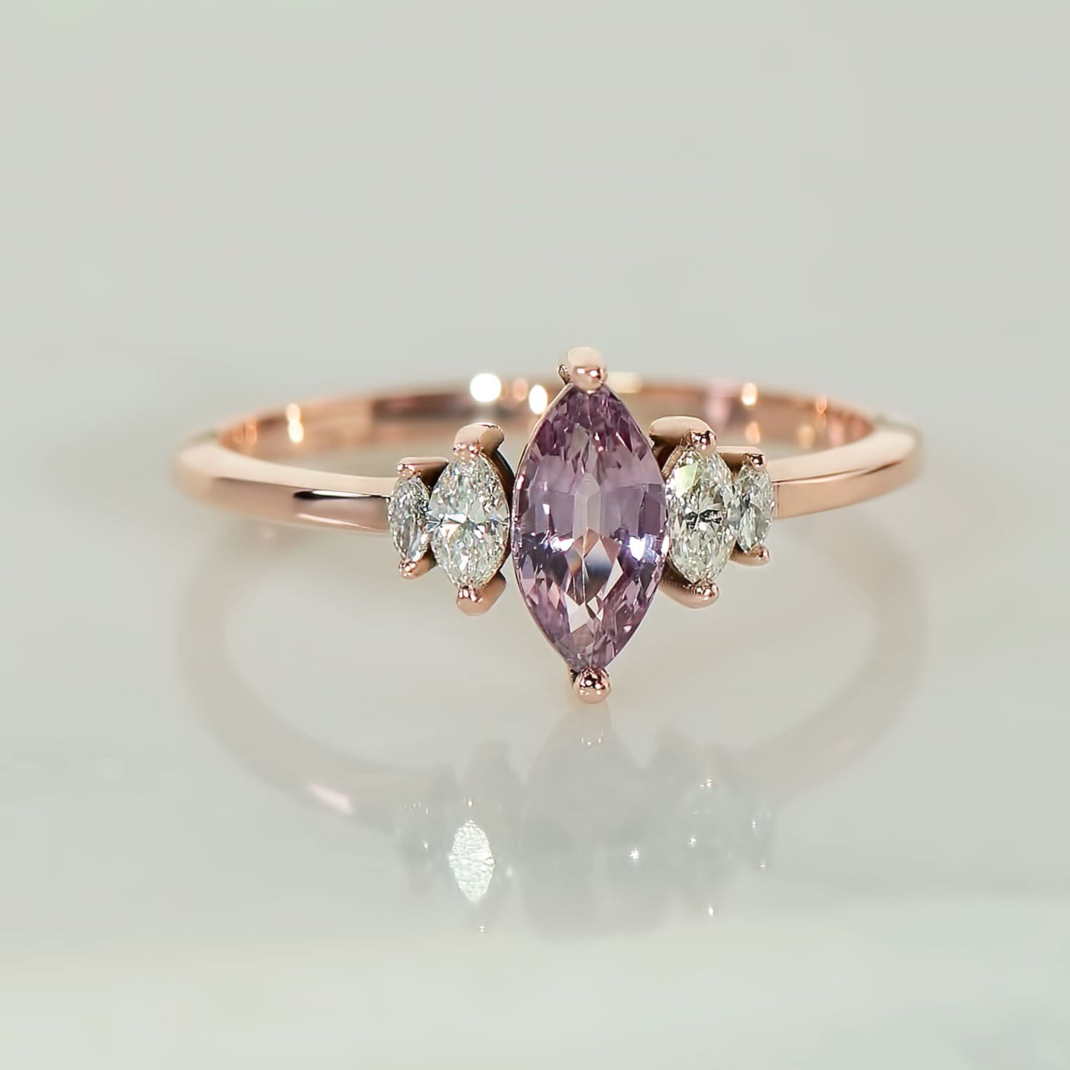 Pink Sapphire & Diamond Marquise Ring in Rose Gold - Malleable Jewellers