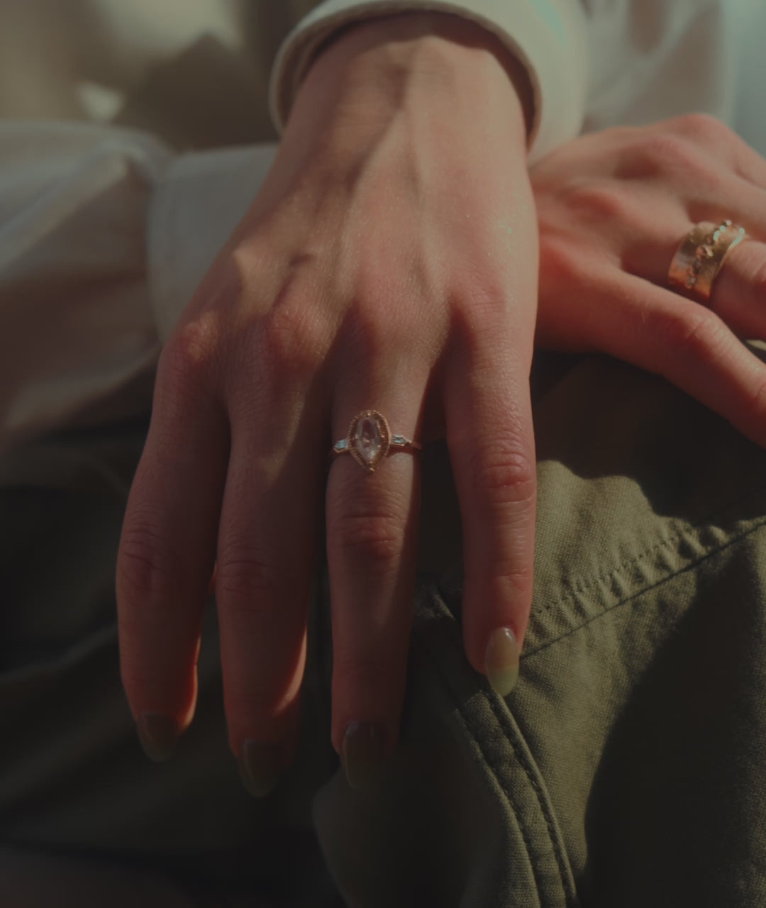 Sunbeam Ring rose gold ring with a pink marquise cut natural sapphire and natural kite shaped recycled natural diamonds