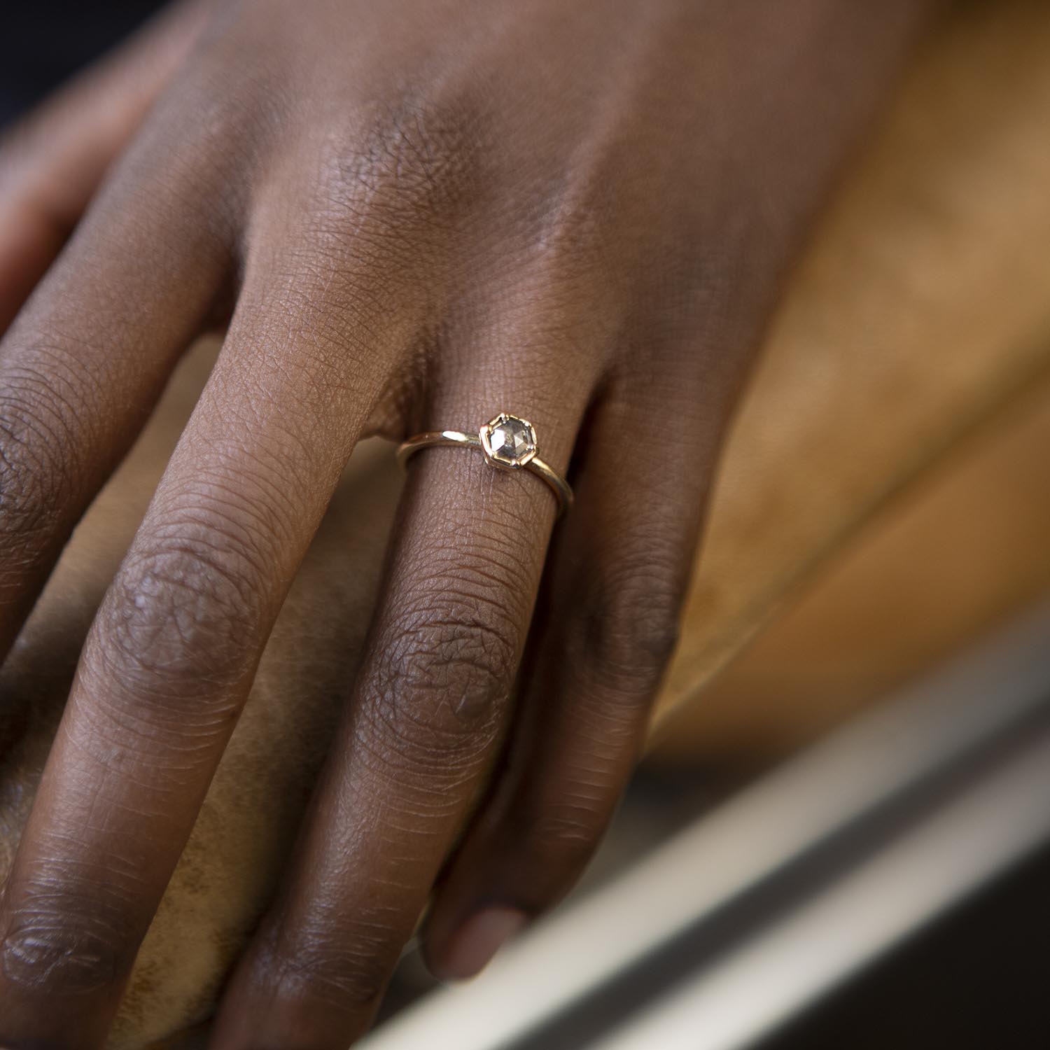 Salt & Pepper Hexagon Halo in Yellow Gold - Malleable Jewellers