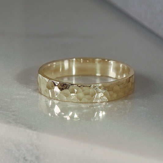 Hammer Finished Band Ring in Yellow Gold