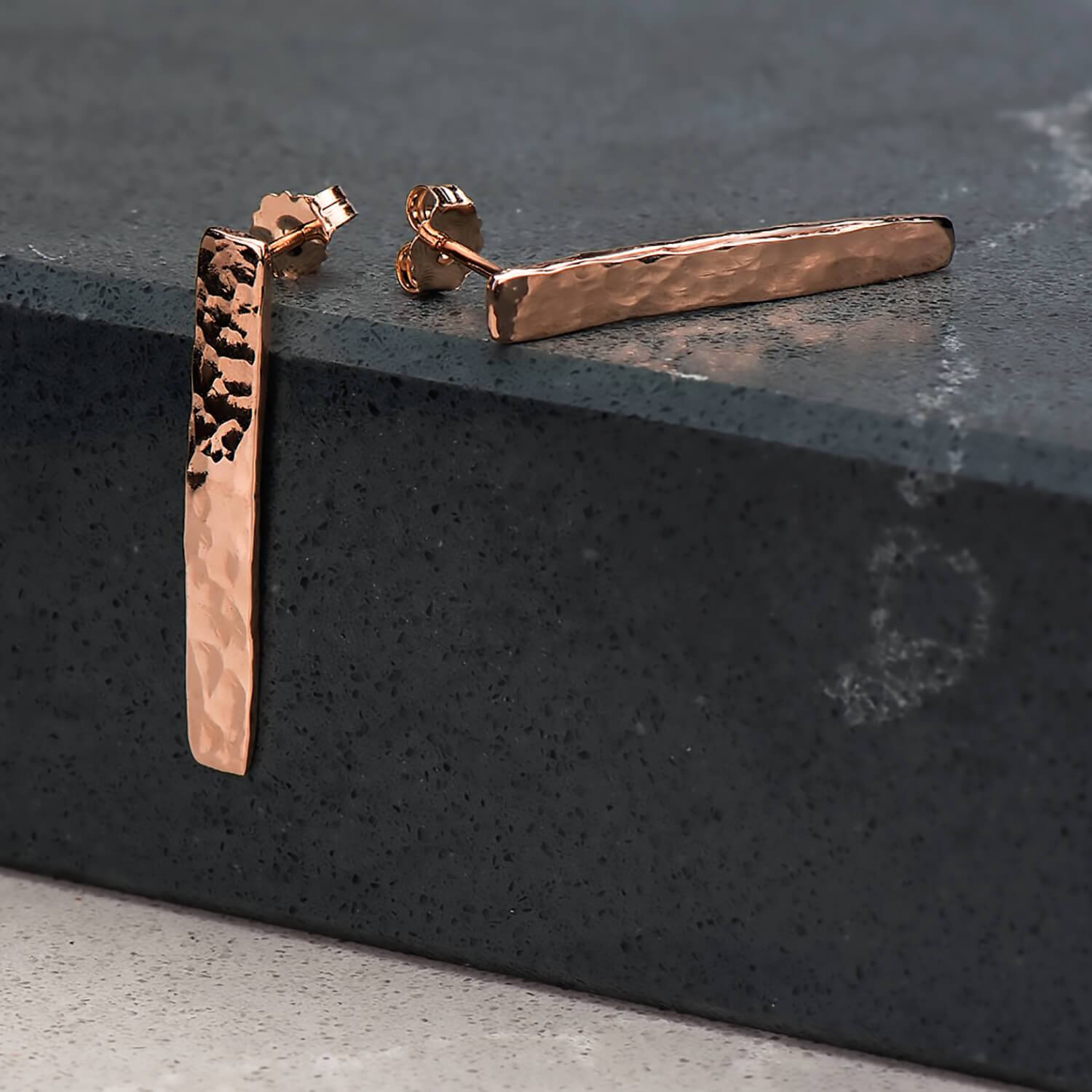 Recycled 10 karat rose gold hammer finished drop rectangular earrings brought to a polished finish