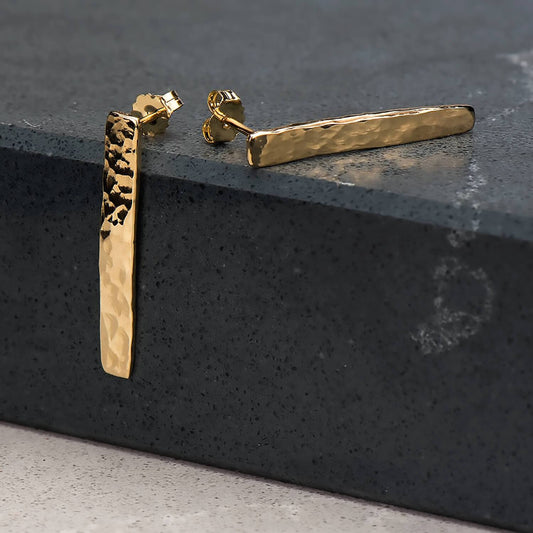 Recycled 10 karat yellow gold hammer finished drop rectangular earrings brought to a polished finish